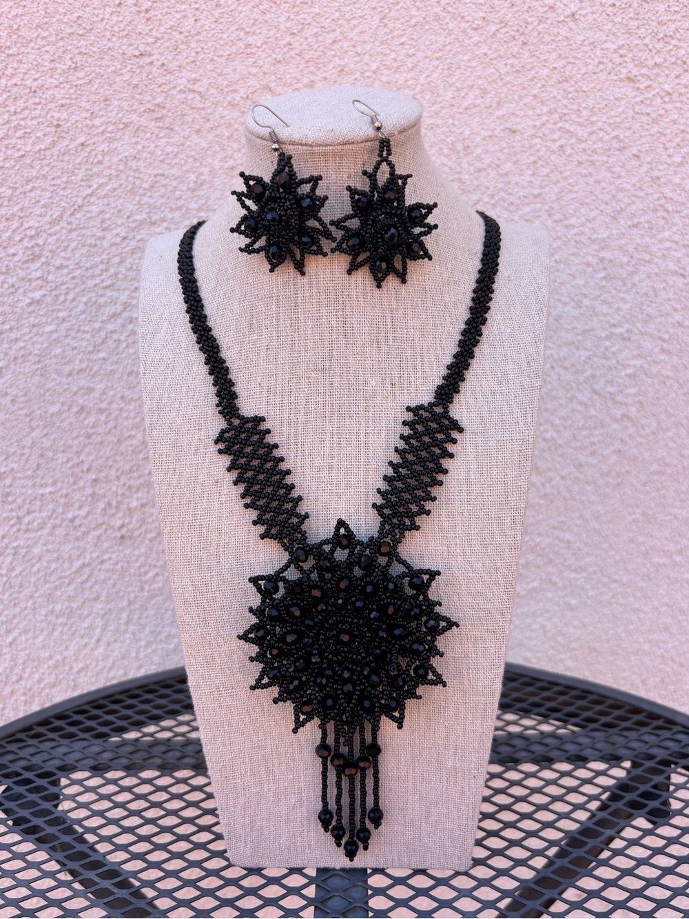 Handcrafted Black Beaded Necklace and Earrings Set NWOT